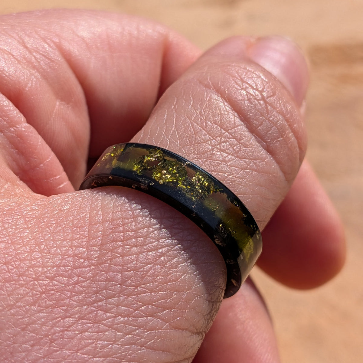 Artisan resin ring in translucent jade green with gold flakes by EL-Creations