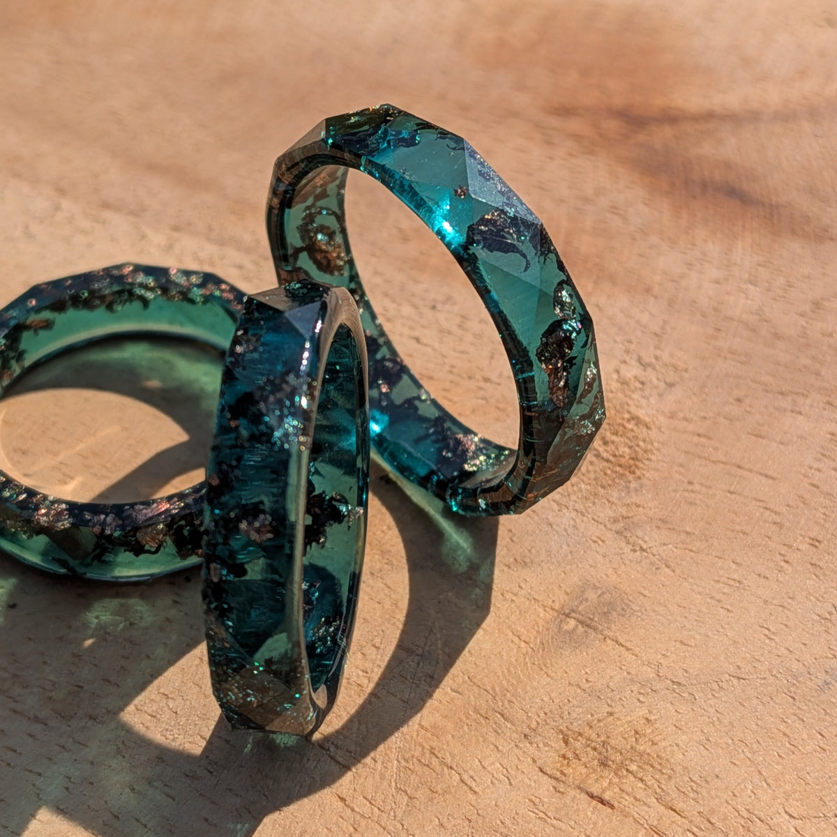 Handmade sage green resin ring with copper flakes by EL-Creations
