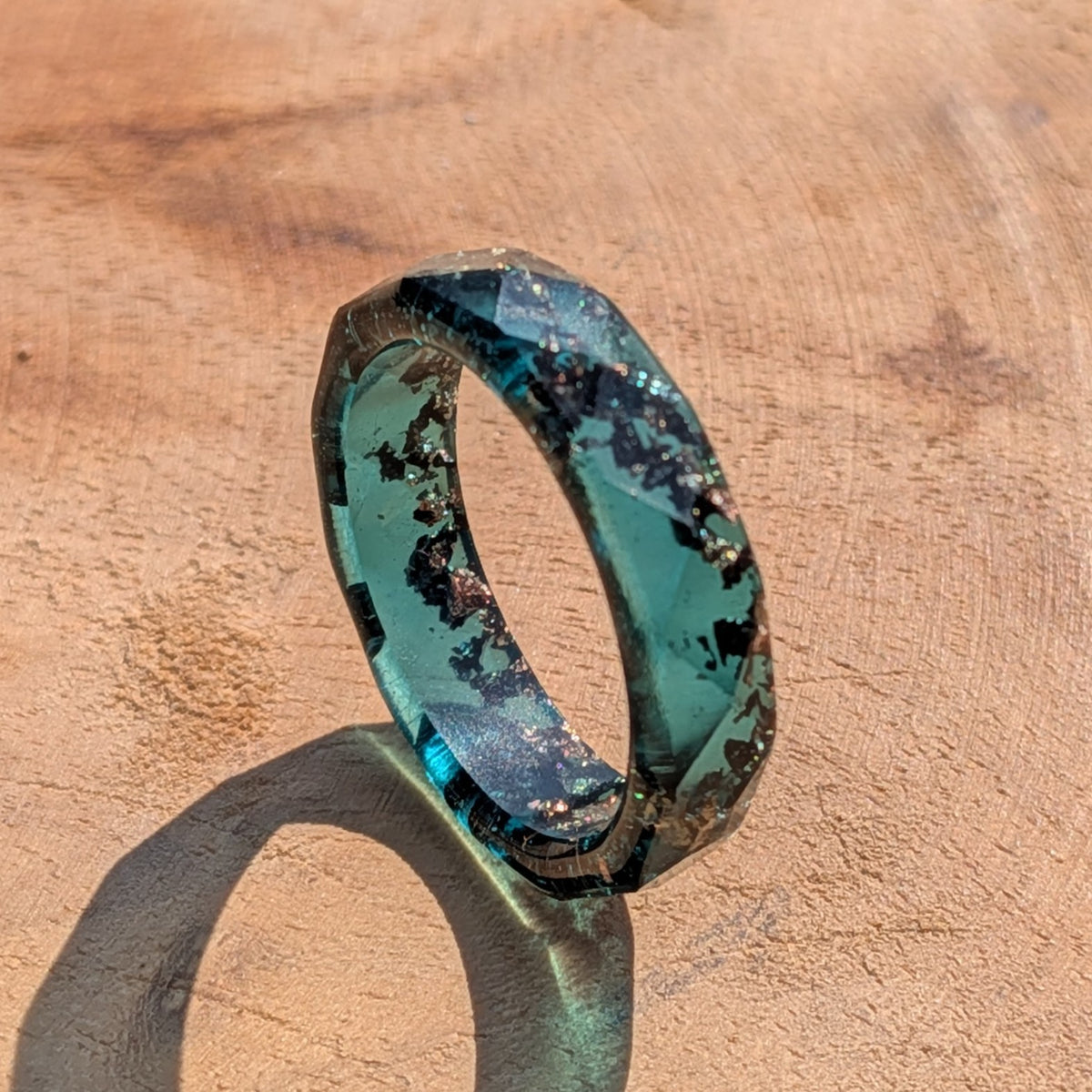 Contemporary pastel green resin jewelry with copper flakes by EL-Creations