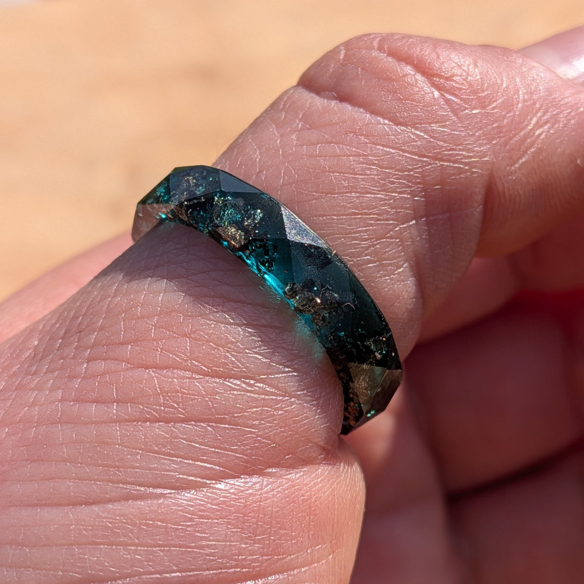 Unique sage green resin ring with copper flakes and glossy finish by EL-Creations