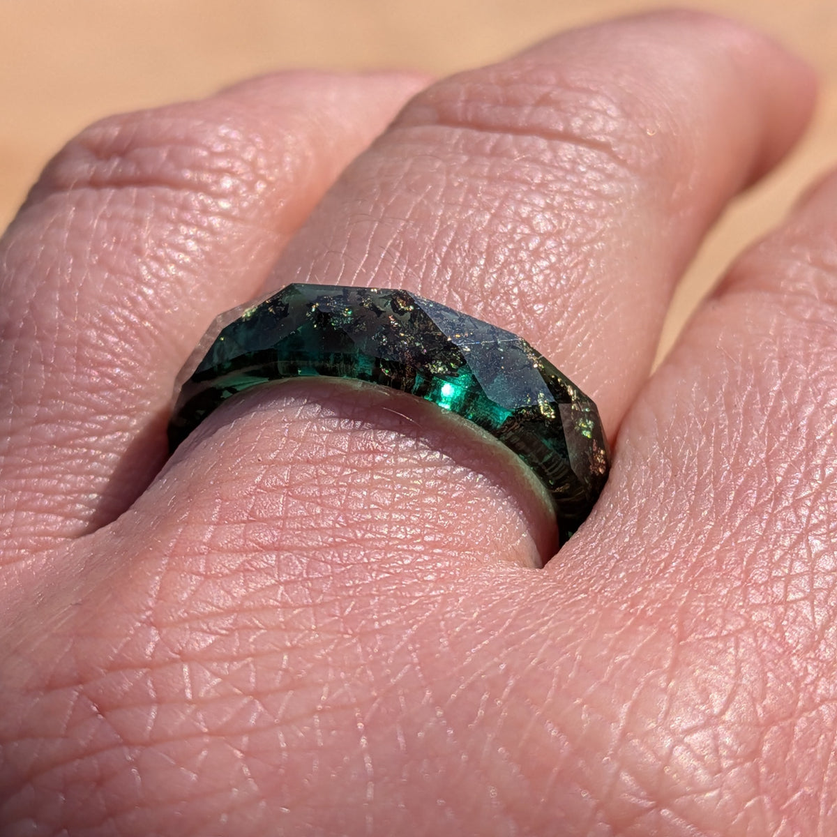 Glossy geometric resin ring in deep green by EL-Creations