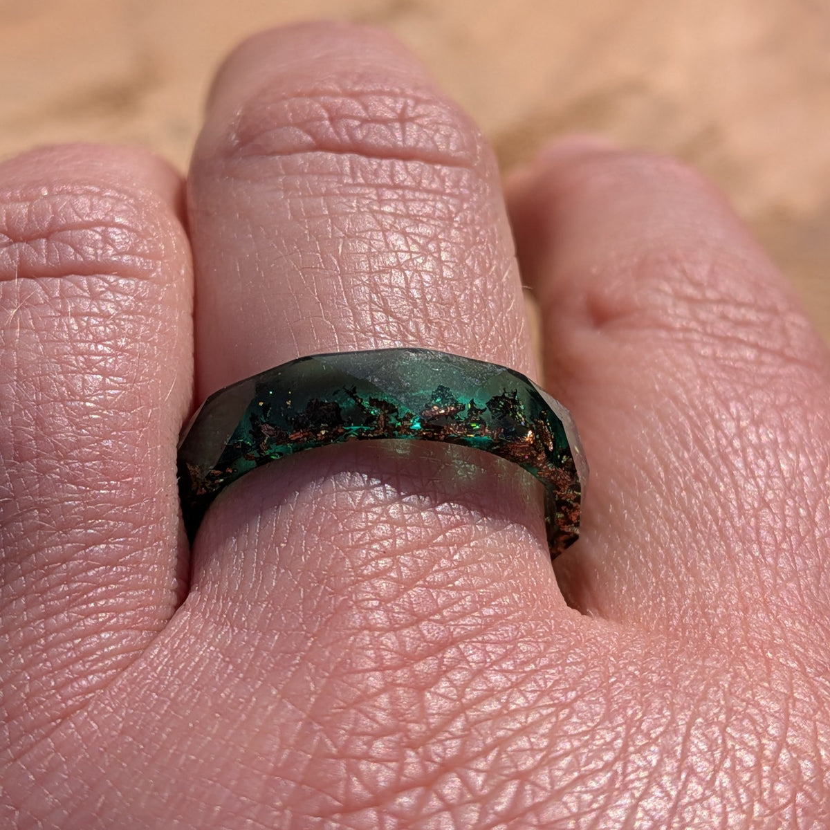 Unique artisan resin ring with emerald green finish by EL-Creations