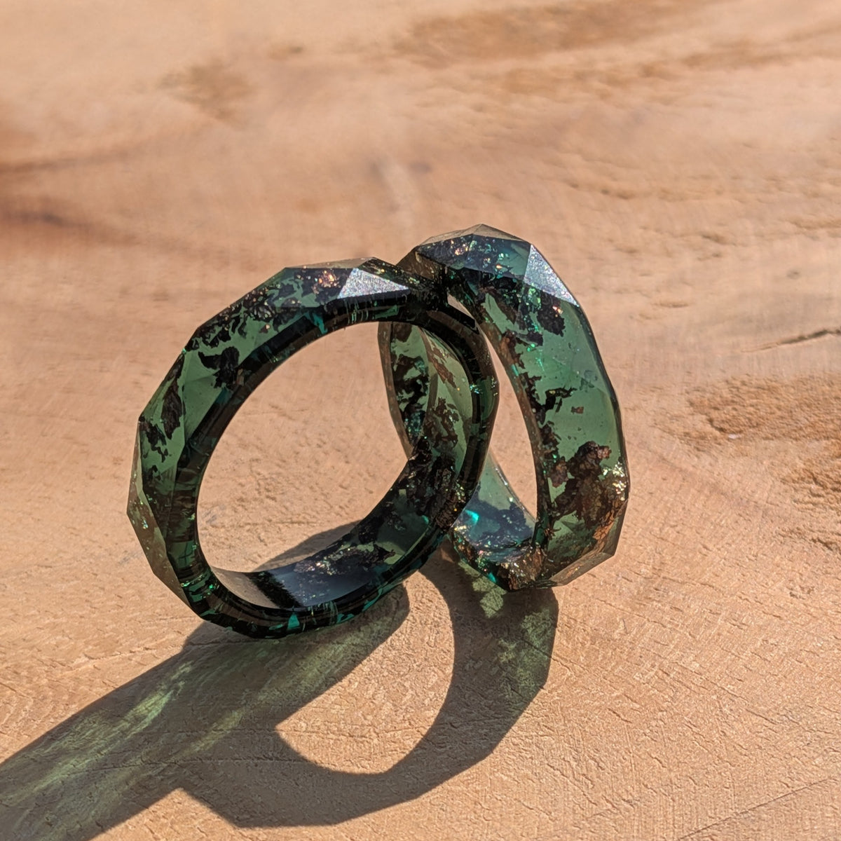 Transparent emerald resin ring with metallic gold flakes by EL-Creations