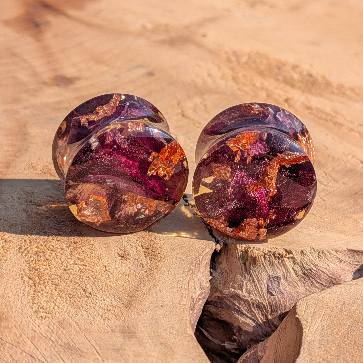 Botanical resin ear gauges with real dried rose and copper flakes EL-Creations