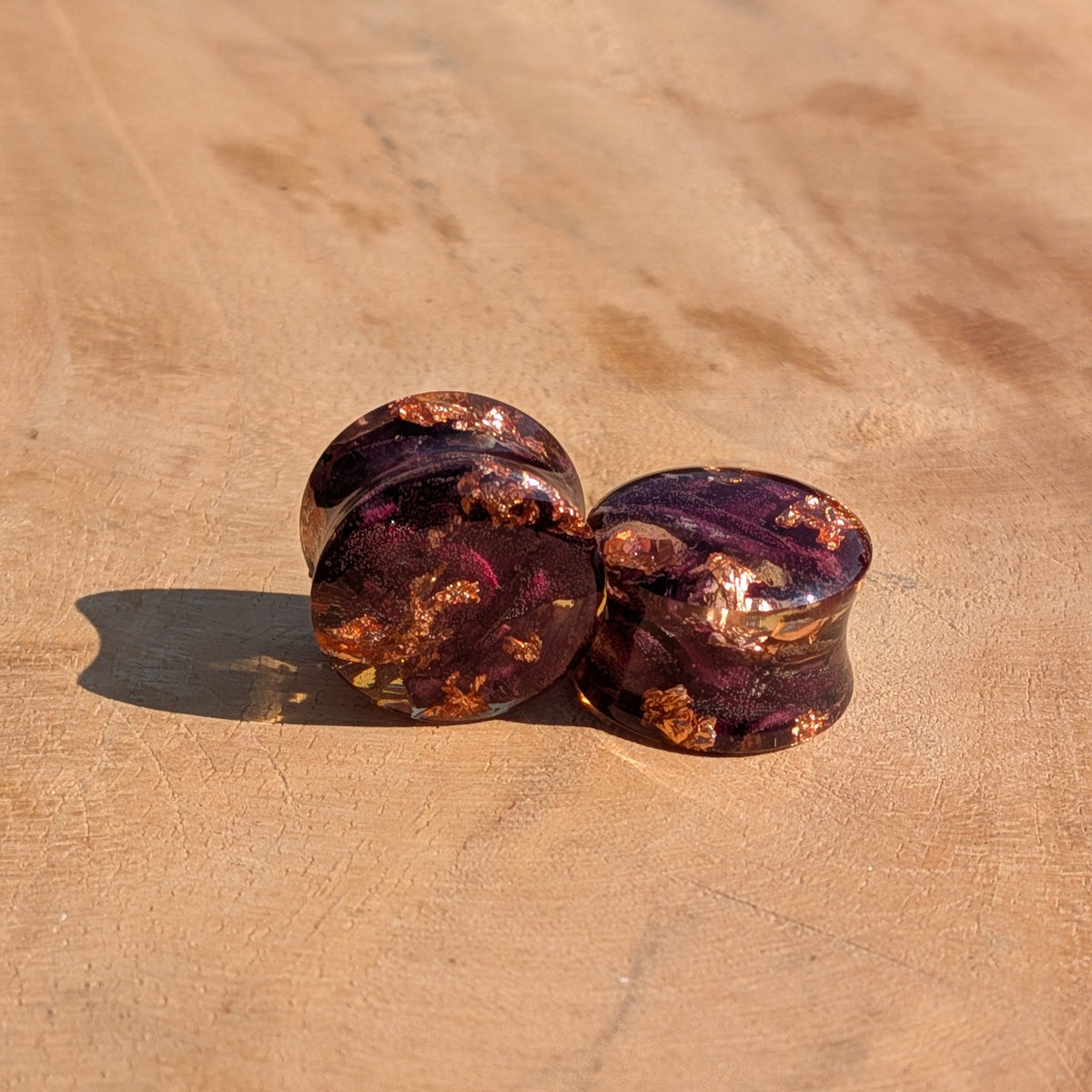 Handmade dried rose resin ear gauges with copper flakes EL-Creations