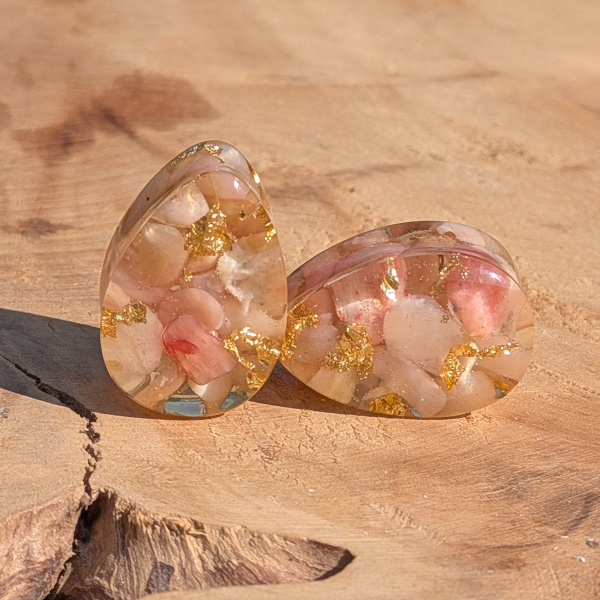 Rose quartz gold flakes teardrop resin ear plugs handmade jewelry EL-Creations