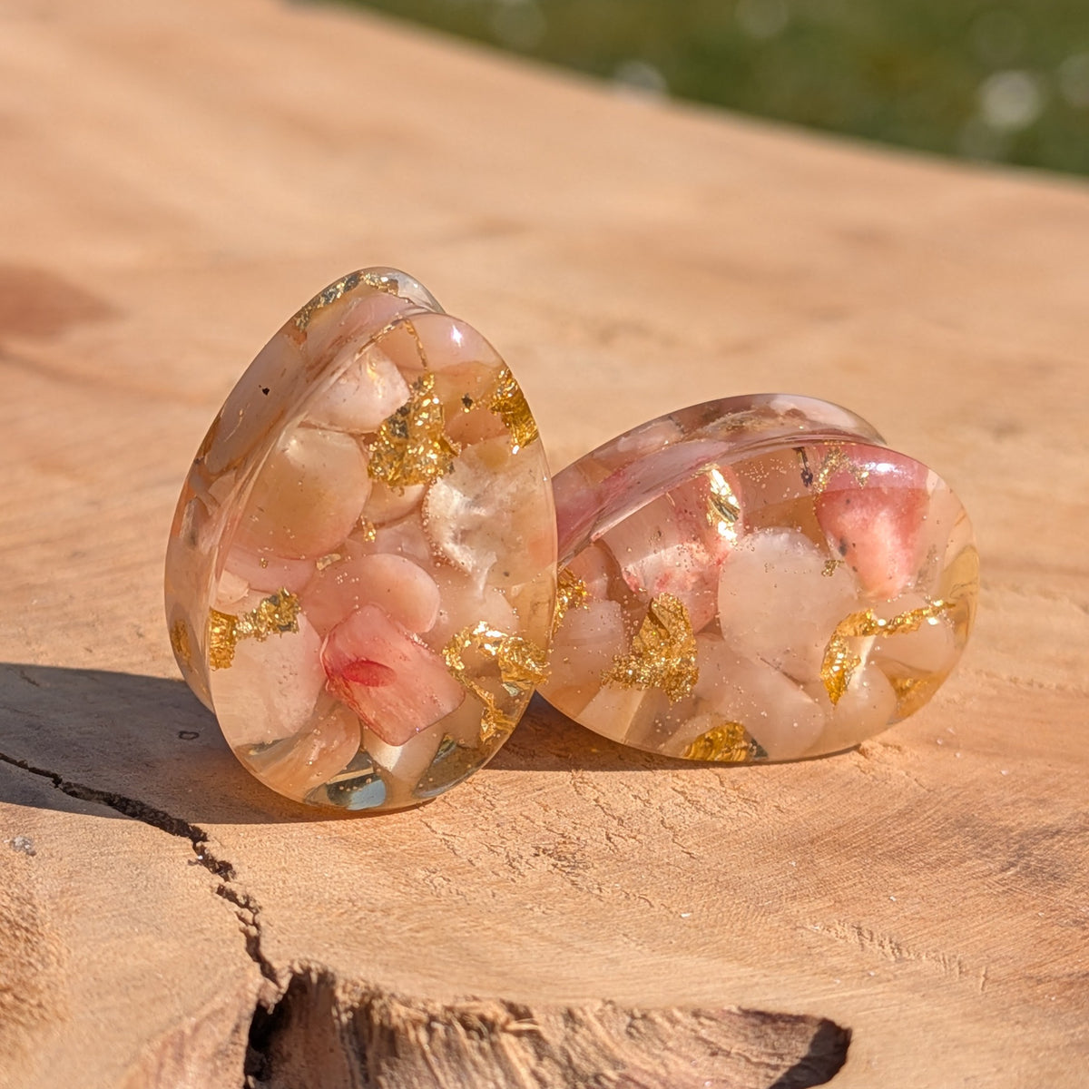 Handmade teardrop resin ear gauges with genuine rose quartz EL-Creations