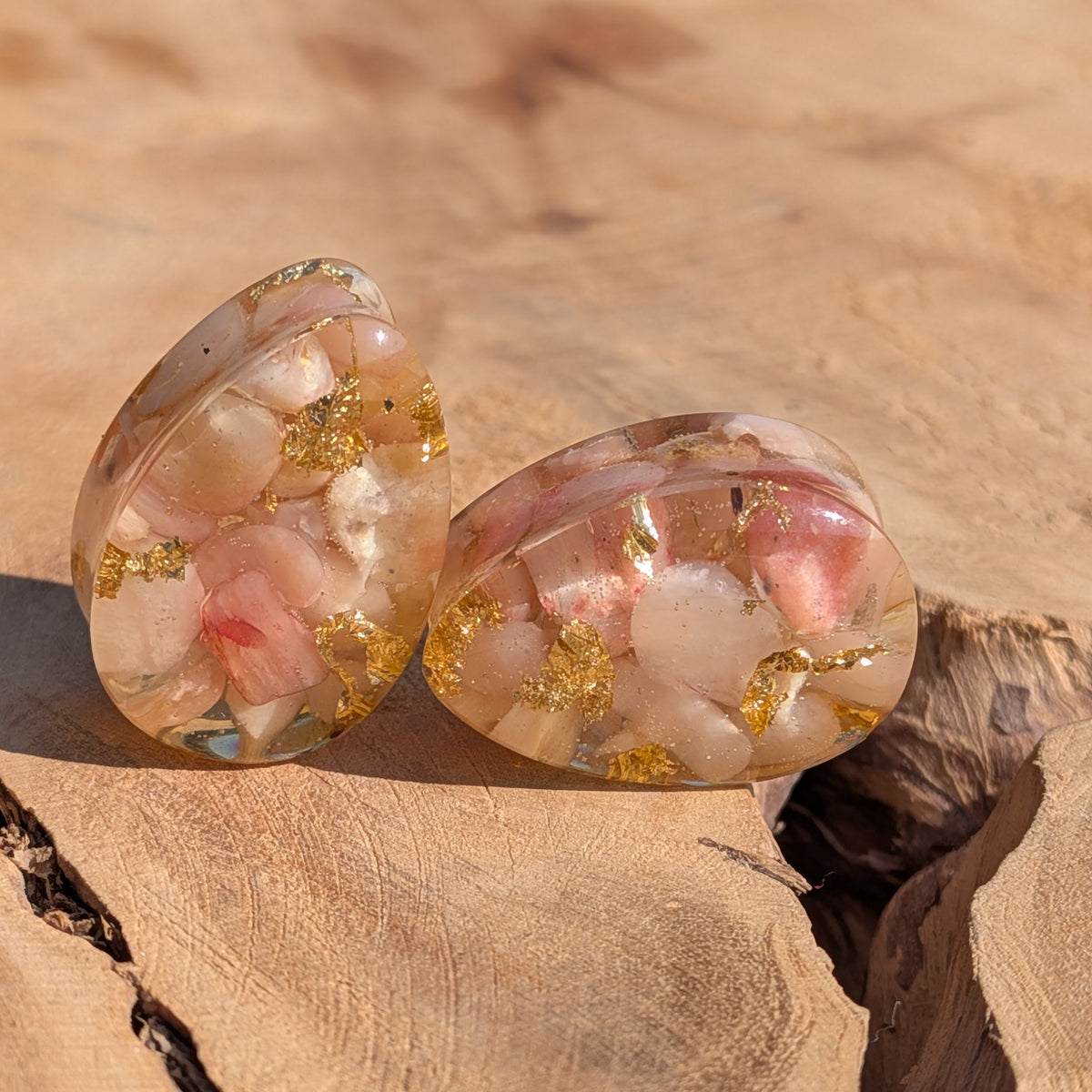 Rose quartz ear plugs with gold flakes for stretched ear piercing EL-Creations