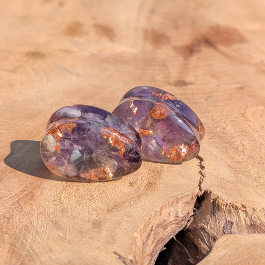Amethyst copper flakes teardrop resin ear plugs handmade jewelry EL-Creations