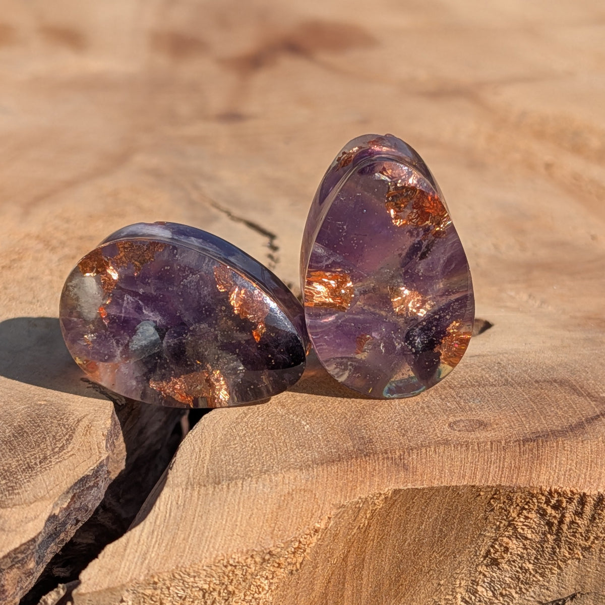 Handmade teardrop resin ear gauges with genuine amethyst EL-Creations