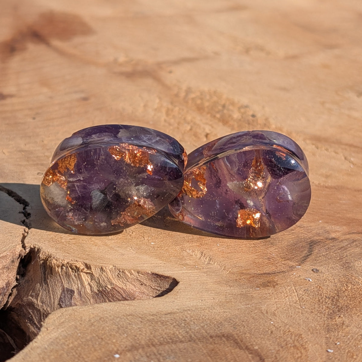 Purple amethyst resin ear plugs with copper flakes EL-Creations