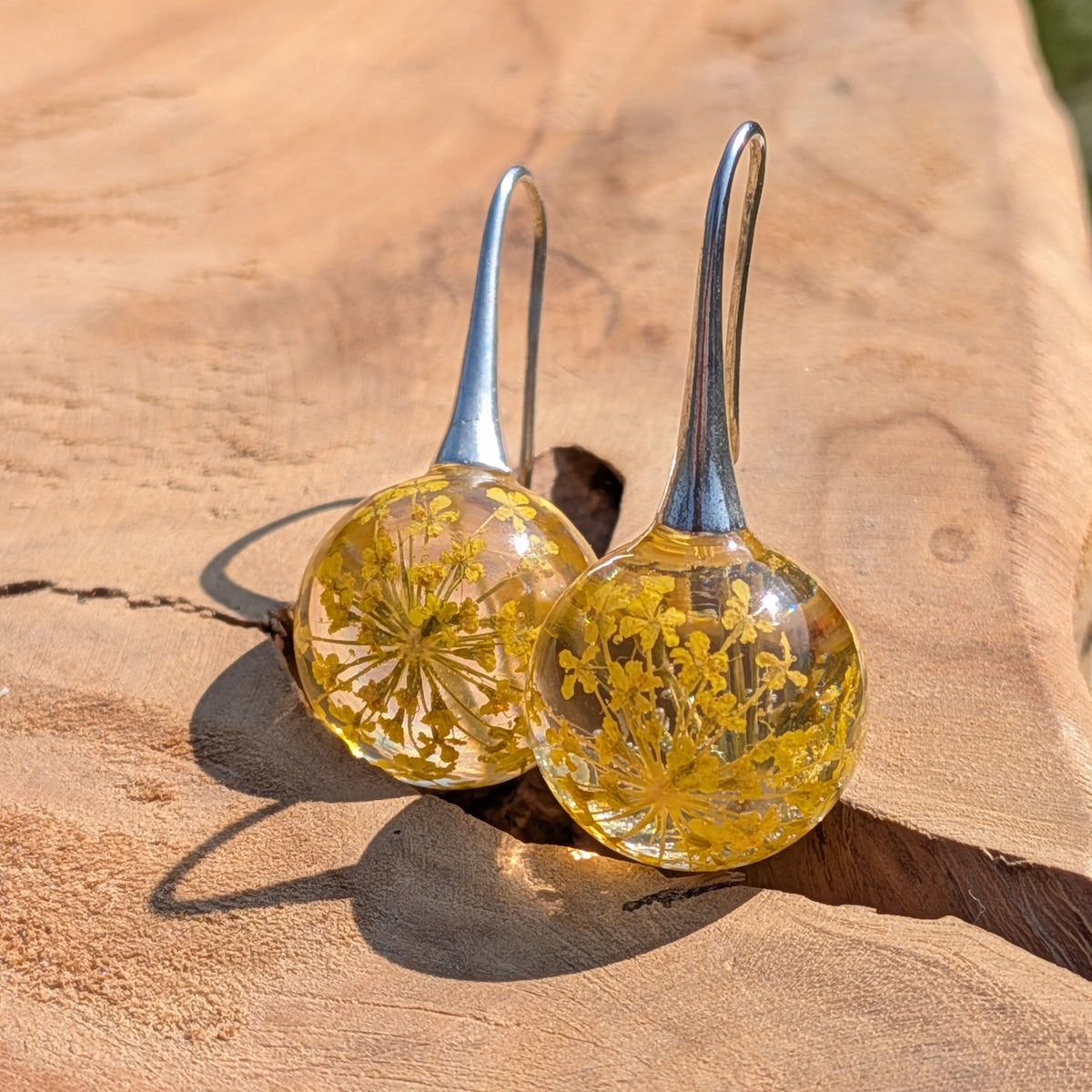 Close-up of dried yellow flowers inside clear resin ball earrings, botanical dangle jewelry EL Creations