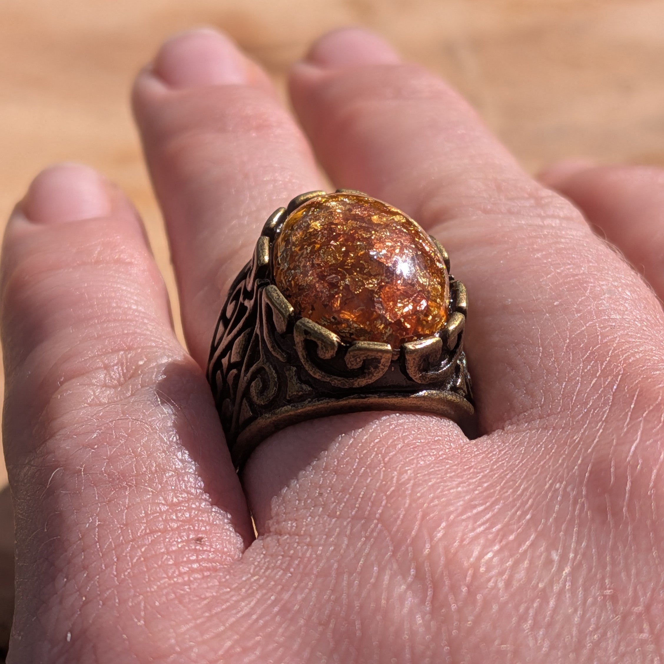 Amber resin ring antique silver filigree side profile on stone showing open adjustable band – EL-Creations