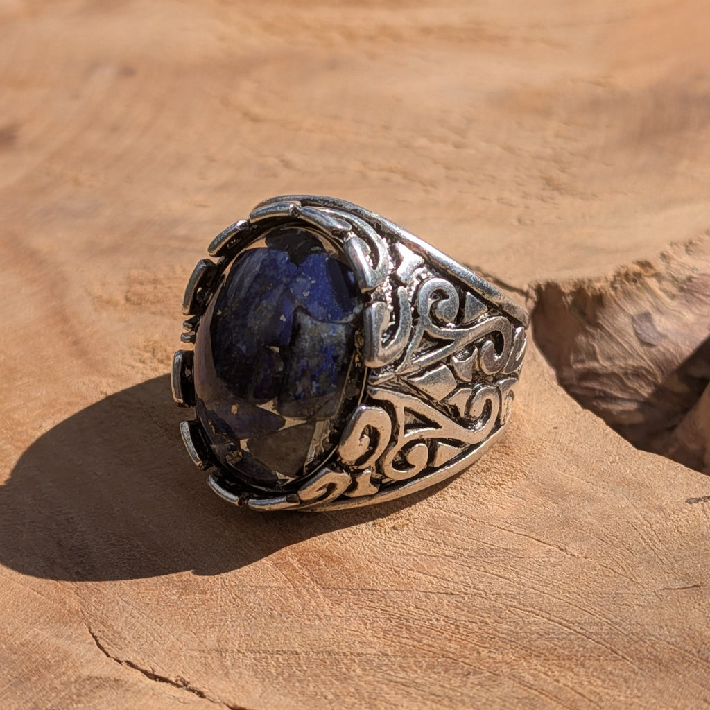 Lapis lazuli resin ring antique silver claw setting front view on stone – EL-Creations