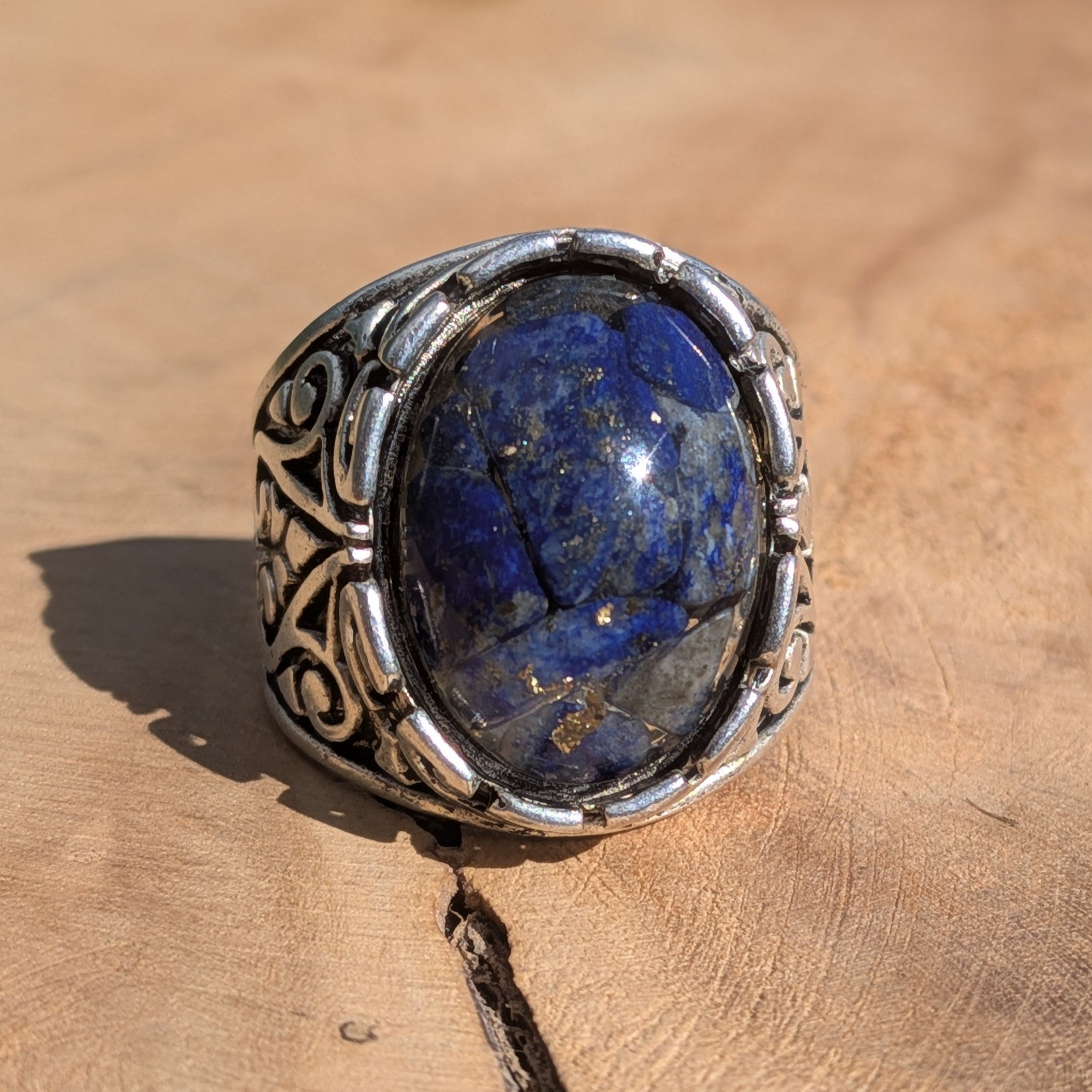 Lapis lazuli resin ring antique silver filigree top view on stone deep blue gold flakes – EL-Creations