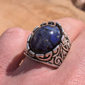 Lapis lazuli resin ring antique silver filigree close-up on hand gold flakes detail – EL-Creations
