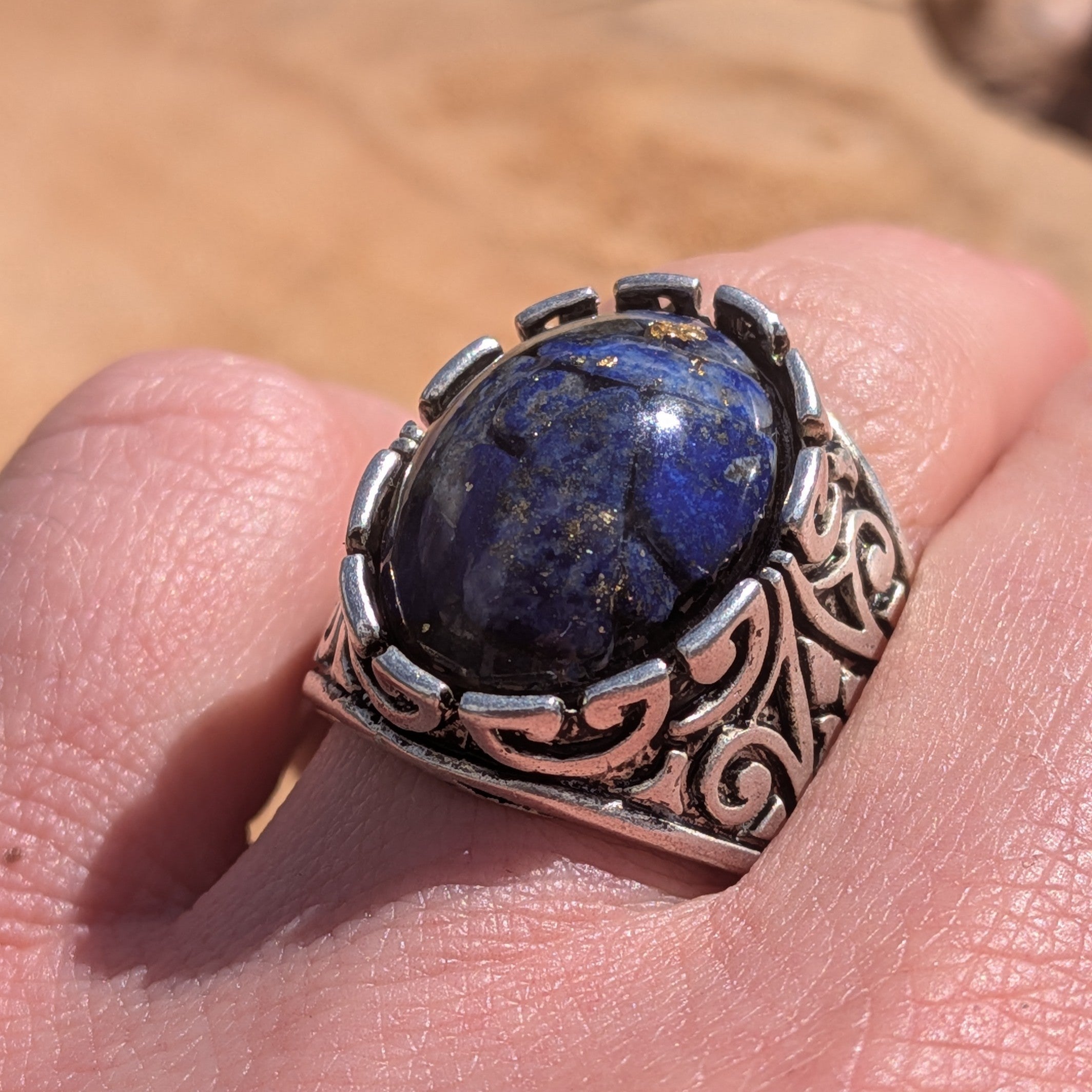 Lapis lazuli resin ring antique silver filigree close-up on hand gold flakes detail – EL-Creations