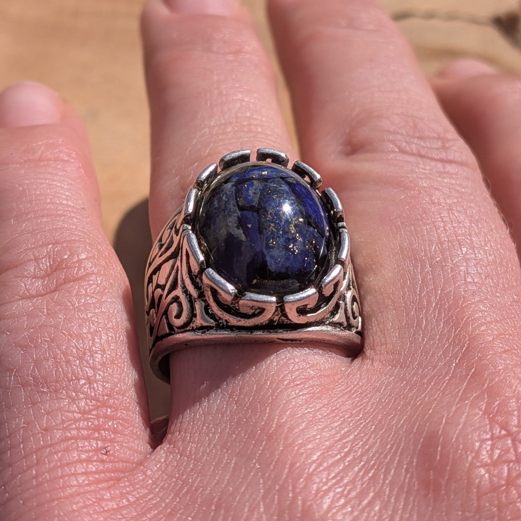 Lapis lazuli resin ring antique silver filigree worn on hand front view – EL-Creations