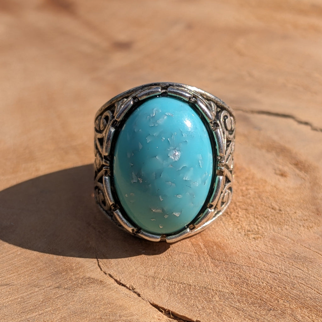 Turquoise resin ring antique silver wide filigree band back view showing open adjustable band – EL-Creations