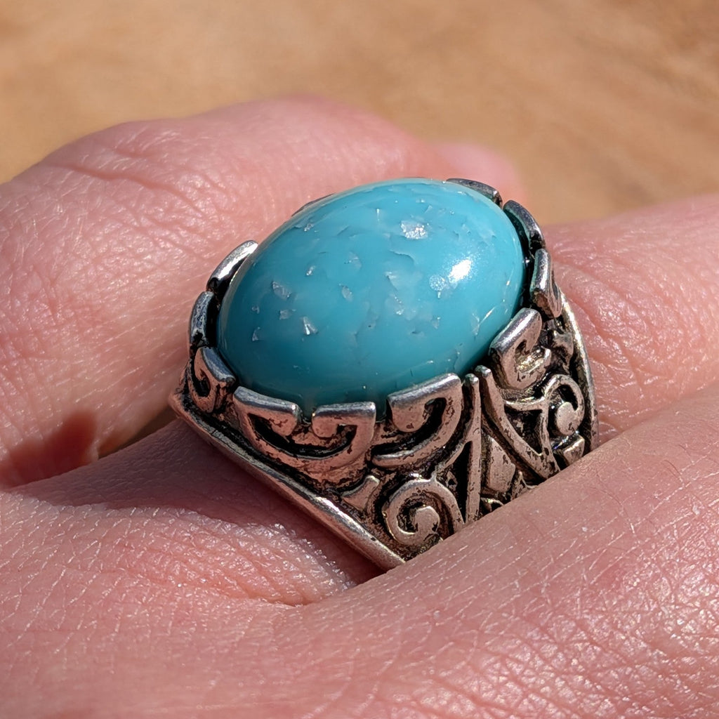 Turquoise resin ring antique silver filigree macro close-up oval cabochon silver flakes – EL-Creations