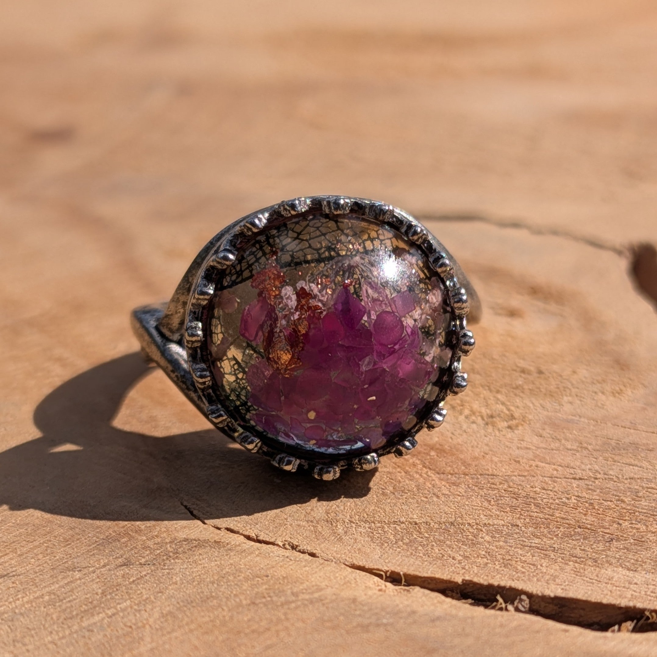 Purple Flowers & Copper Flakes Resin Ring – Crown Bezel Antique Silver 15mm