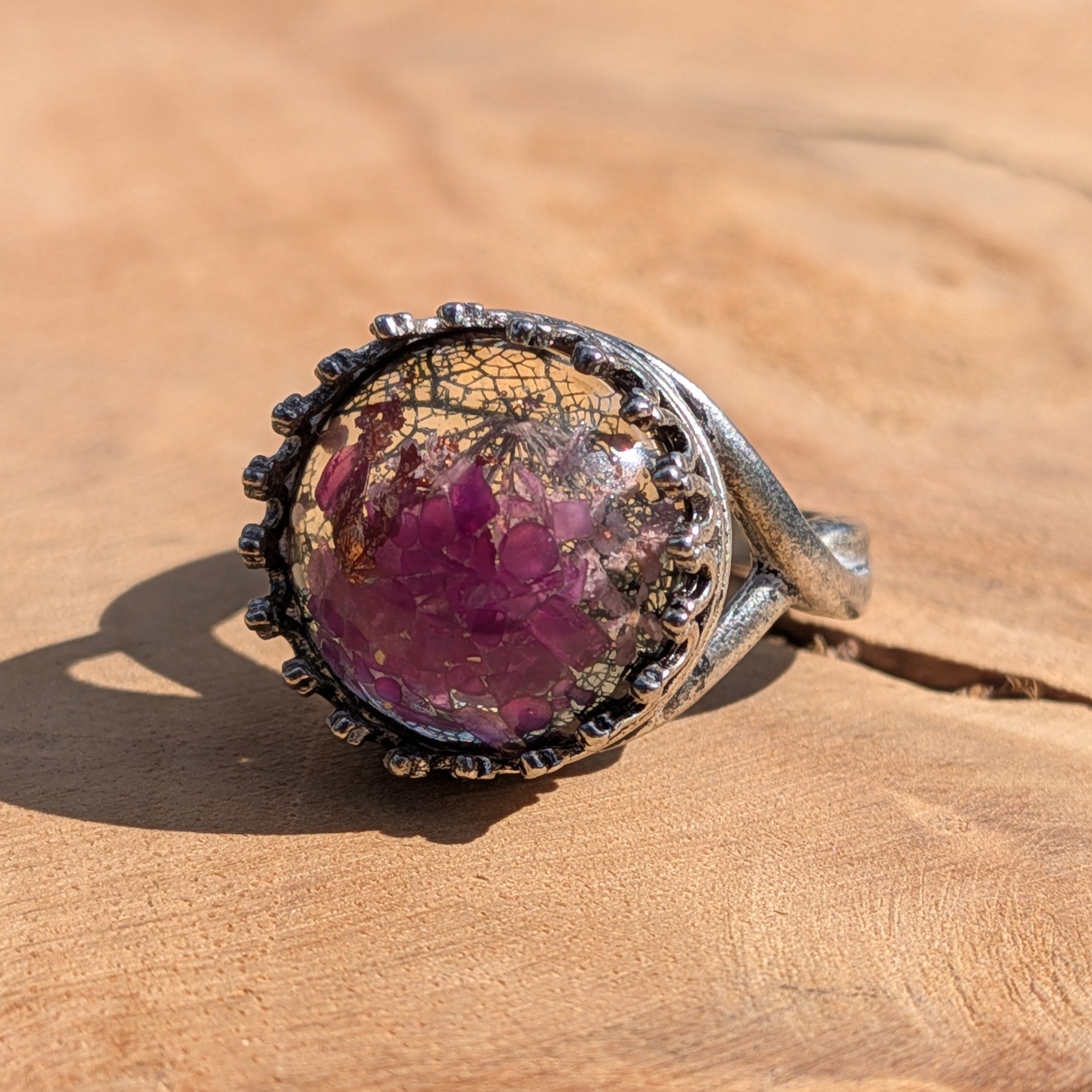 Purple Flowers & Copper Flakes Resin Ring – Crown Bezel Antique Silver 15mm