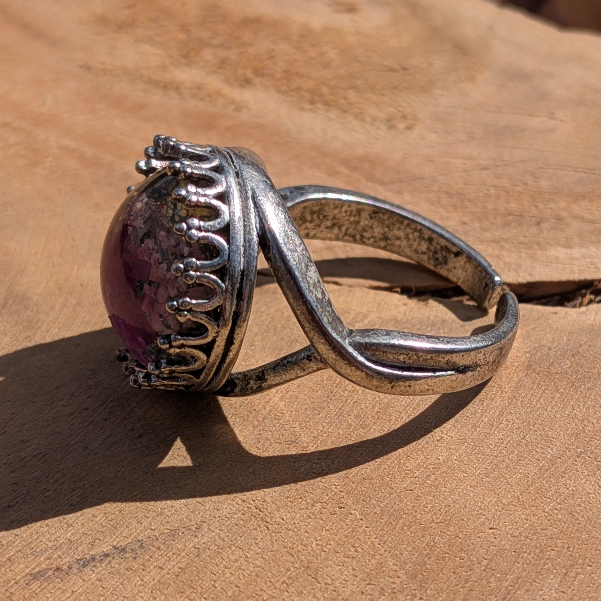 Purple Flowers & Copper Flakes Resin Ring – Crown Bezel Antique Silver 15mm