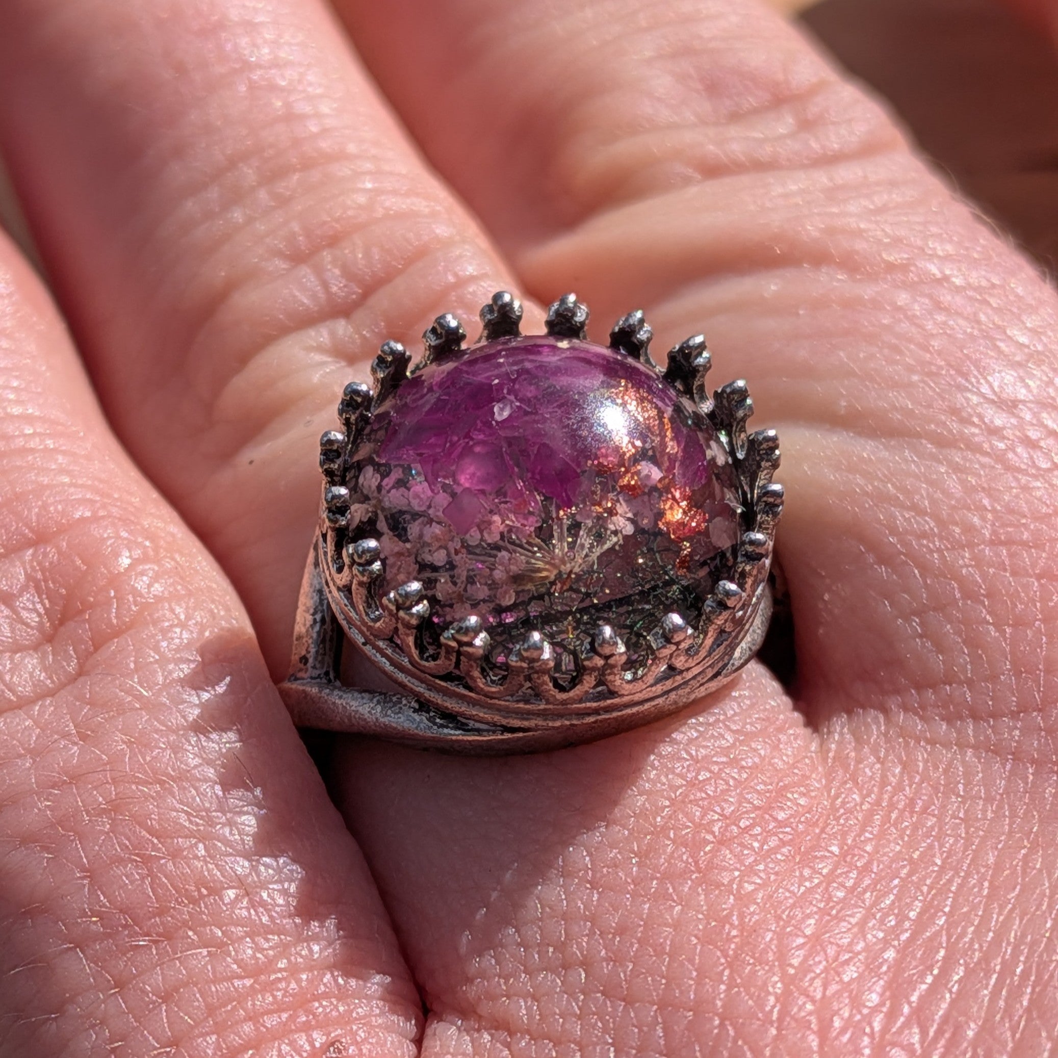 Purple Flowers & Copper Flakes Resin Ring – Crown Bezel Antique Silver 15mm