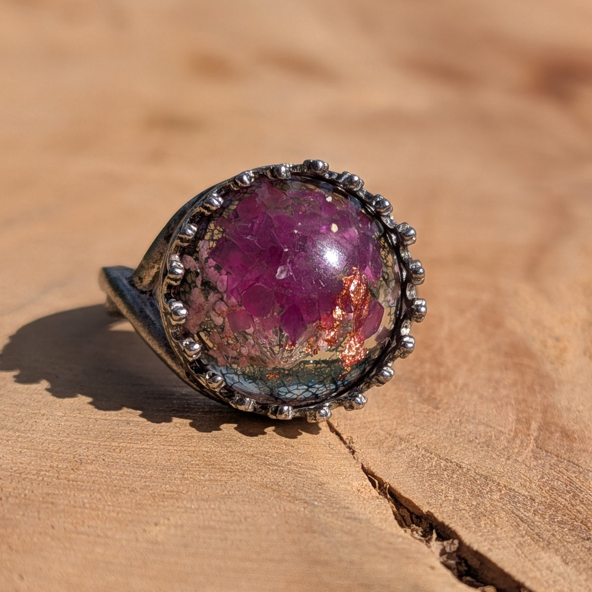 Purple Flowers & Copper Flakes Resin Ring – Crown Bezel Antique Silver 15mm