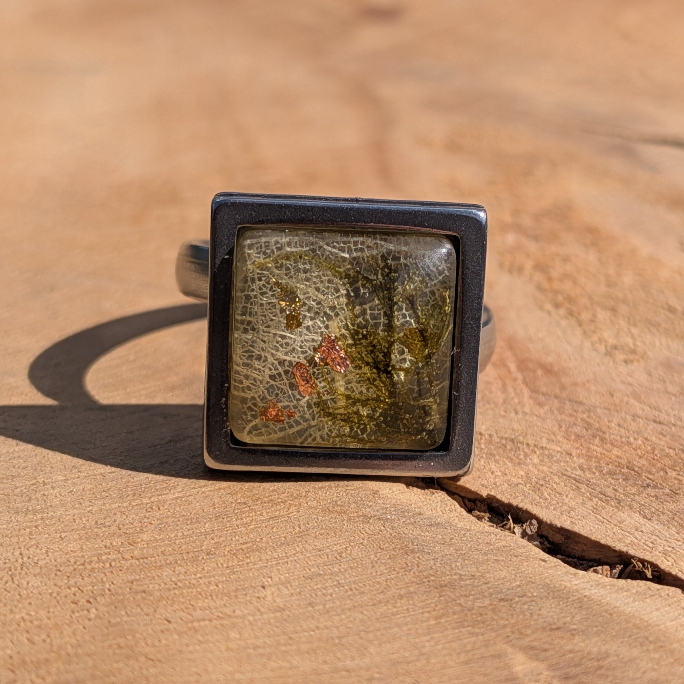 Skeleton Leaf, Moss & Copper Flakes Resin Ring – Square Stainless Steel 15mm