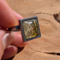 Bague en résine Feuille Squelette, Mousse et Paillettes de Cuivre – Acier inoxydable carré 15mm