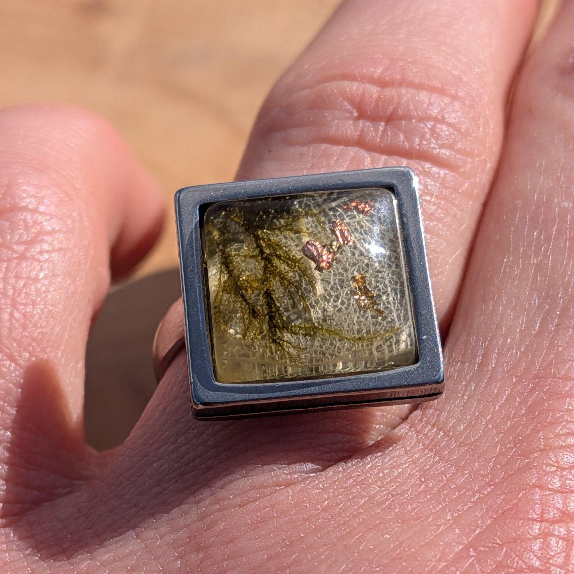Skeleton Leaf, Moss & Copper Flakes Resin Ring – Square Stainless Steel 15mm