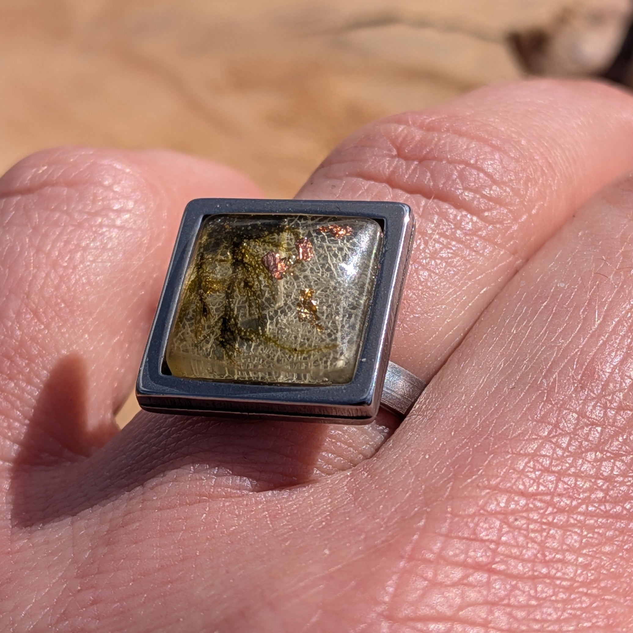 Skeleton Leaf, Moss & Copper Flakes Resin Ring – Square Stainless Steel 15mm