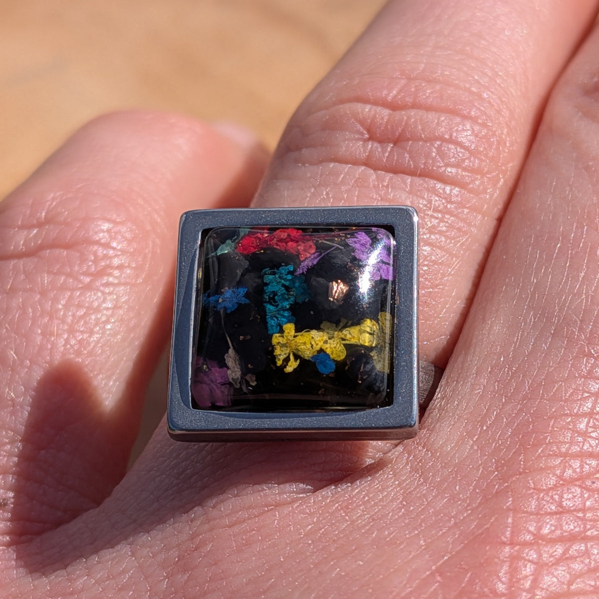 Colourful Dried Flowers Resin Ring – Black Square Stainless Steel 15mm