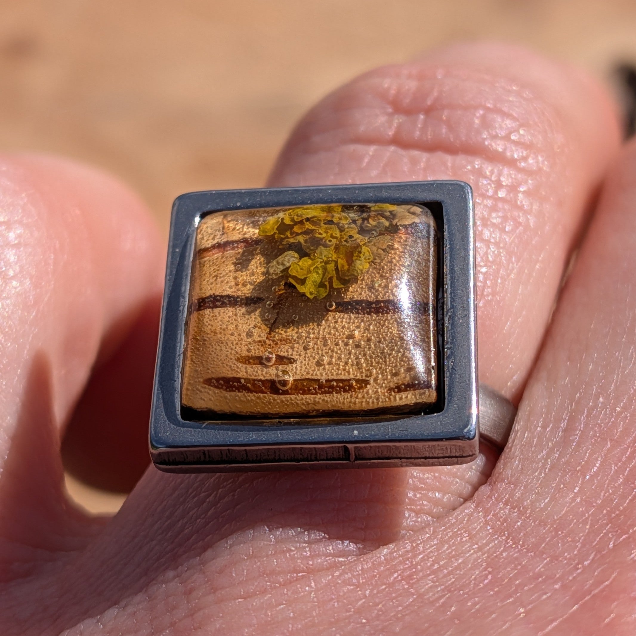 Moss & Birch Bark Resin Ring – Square Stainless Steel