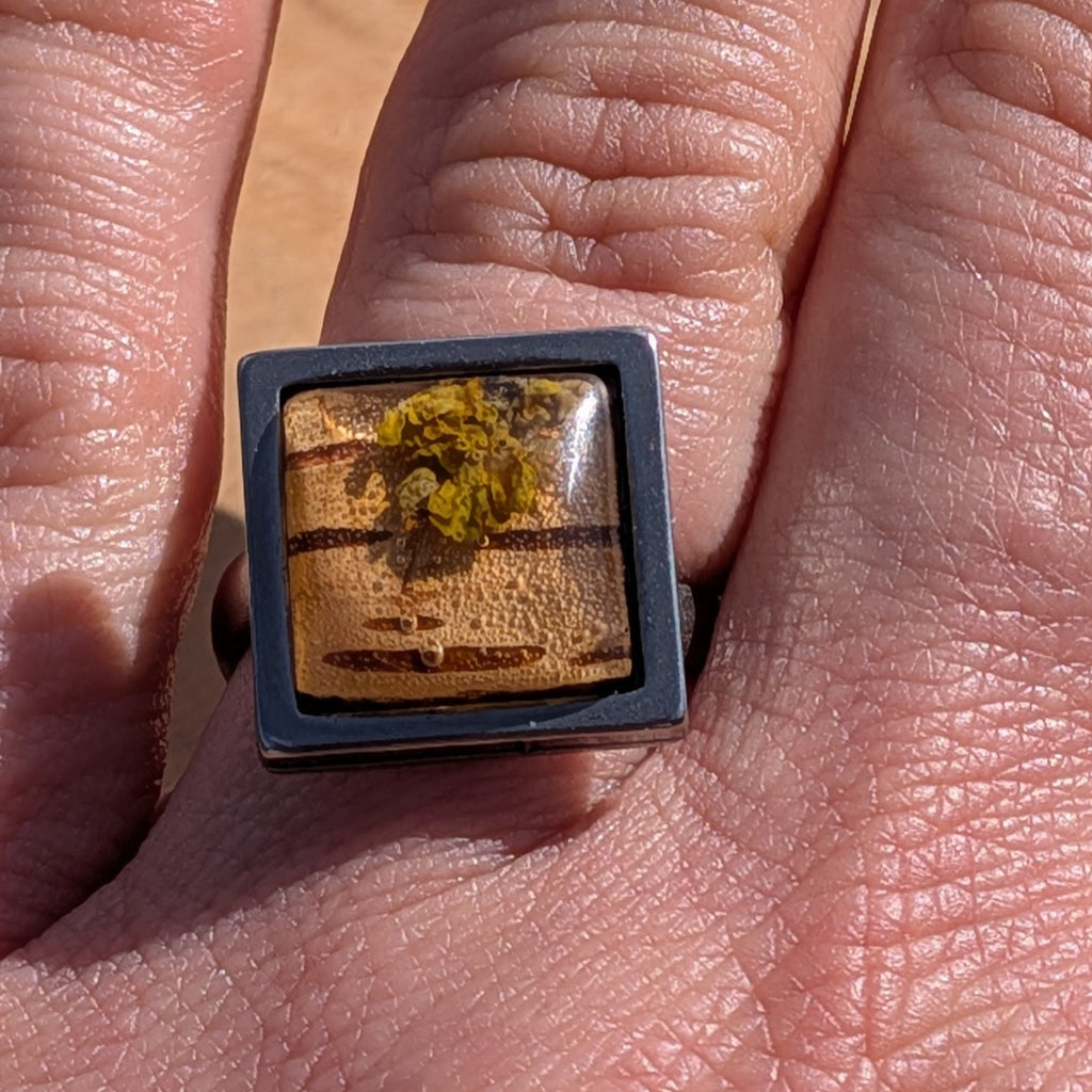 Bague en résine mousse et écorce de bouleau – Acier inoxydable carré