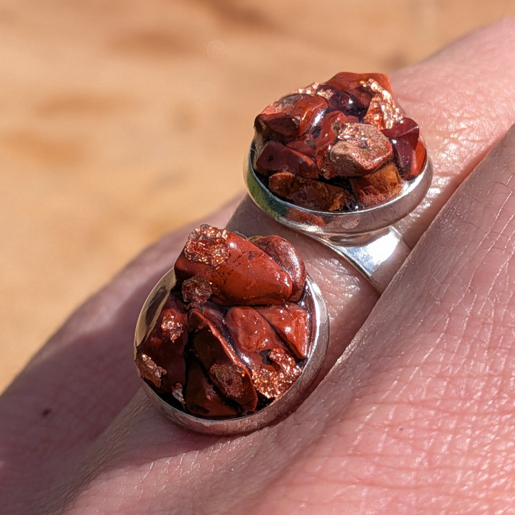 Red jasper double stone ring on hand, front view of two round silver settings with raw jasper clusters – EL-Creations