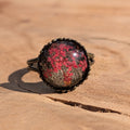 Red Queen Anne's Lace and skeleton leaf resin ring on wood, 13mm cabochon in antique bronze crown setting – EL-Creations
