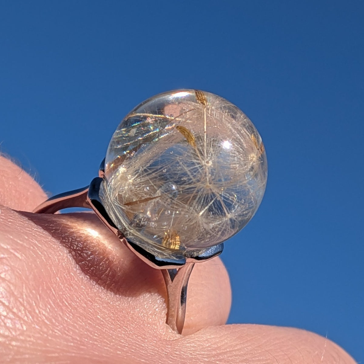 Dandelion resin ring side view – 15mm clear dome with real dandelion, adjustable fit – EL-CreationS
