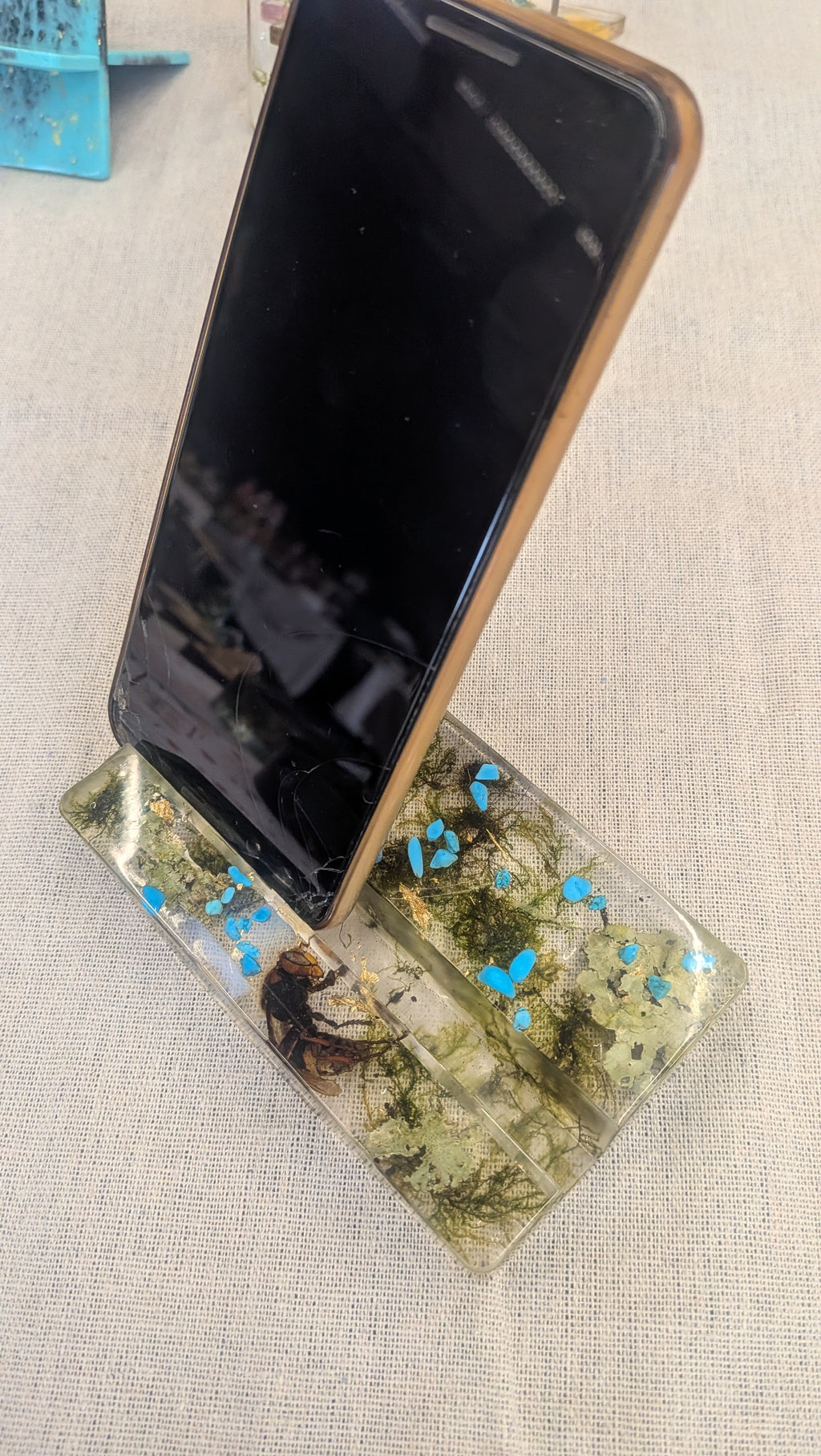 Resin Phone Stand - Beetle, Moss & Blue Stones