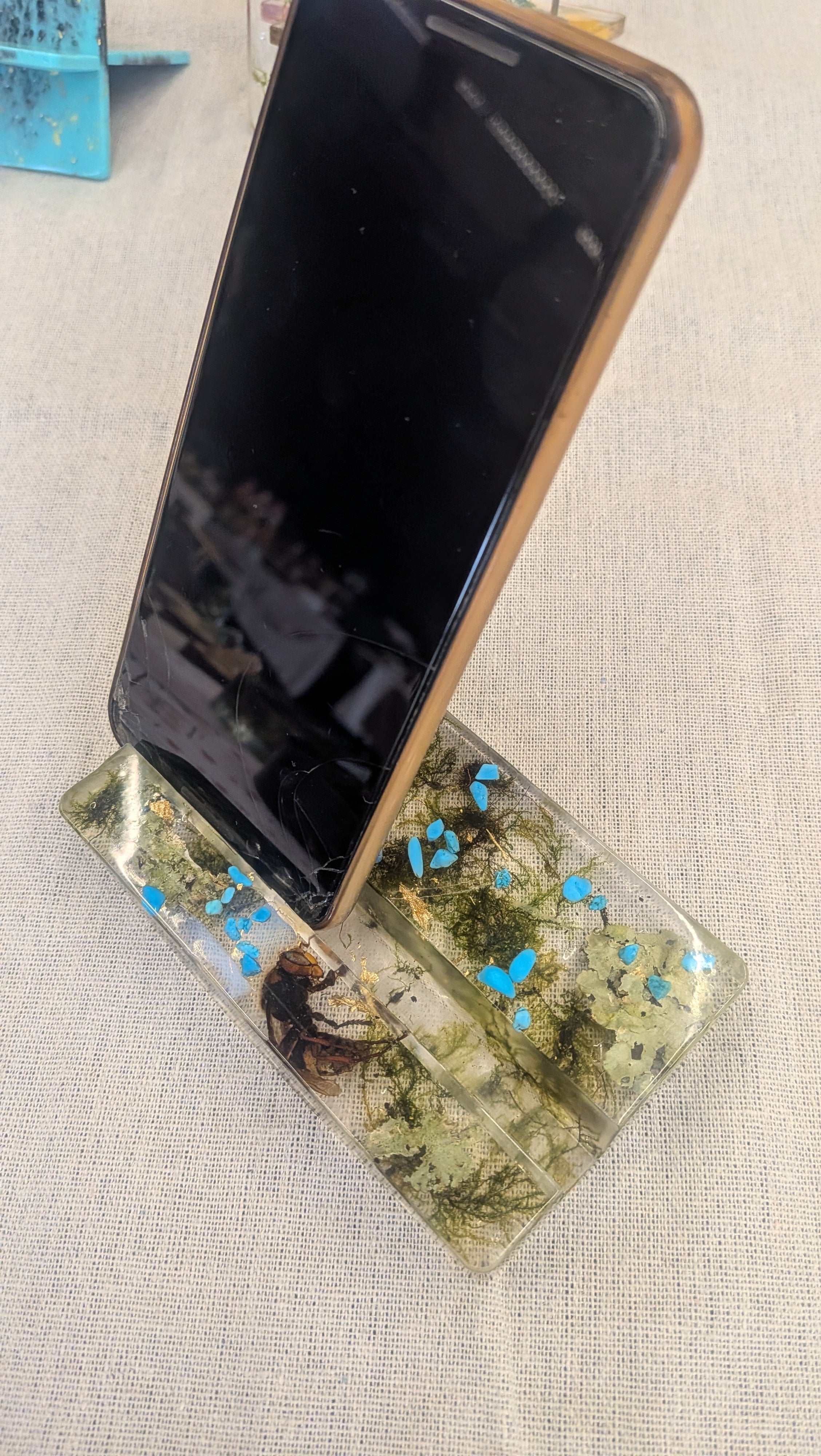 Resin Phone Stand - Beetle, Moss & Blue Stones