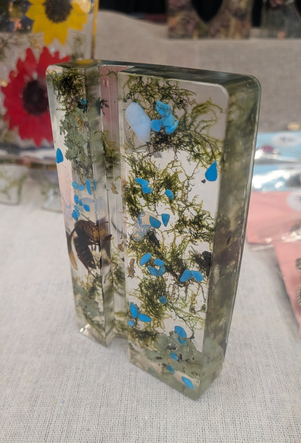 Resin Phone Stand - Beetle, Moss & Blue Stones