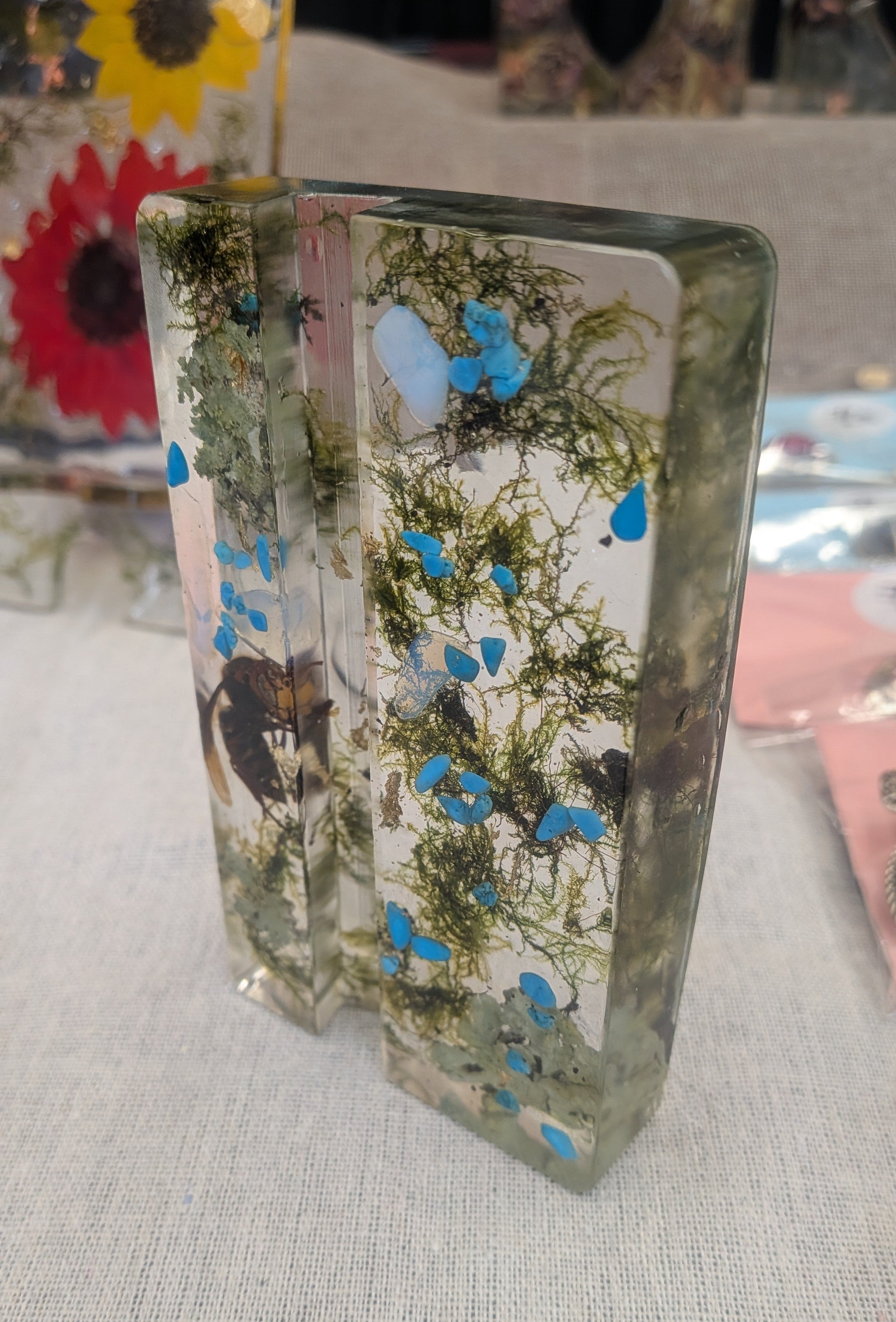 Resin Phone Stand - Beetle, Moss & Blue Stones