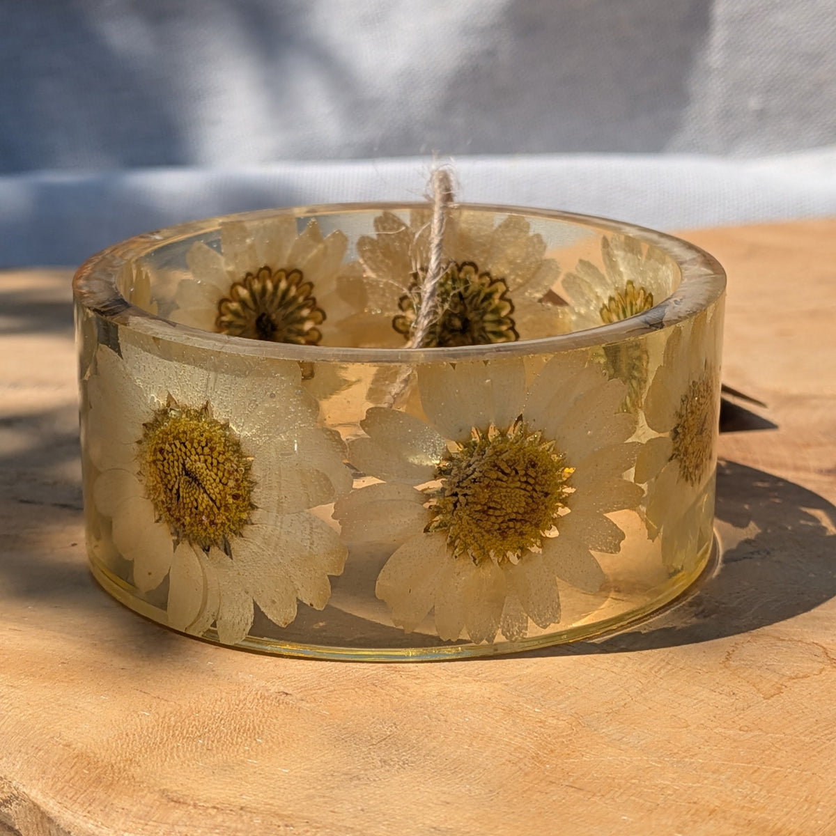 Nature inspired white daisy resin cuff bracelet on rustic background by EL-Creations