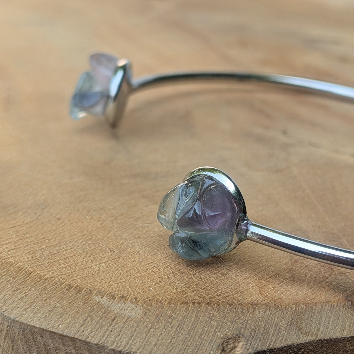 Raw fluorite cuff bracelet top view on driftwood natural light – EL-Creations