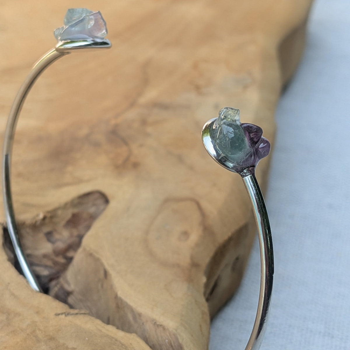 Fluorite amethyst topaz crystal cuff bracelets worn on wrist lifestyle – EL-Creations
