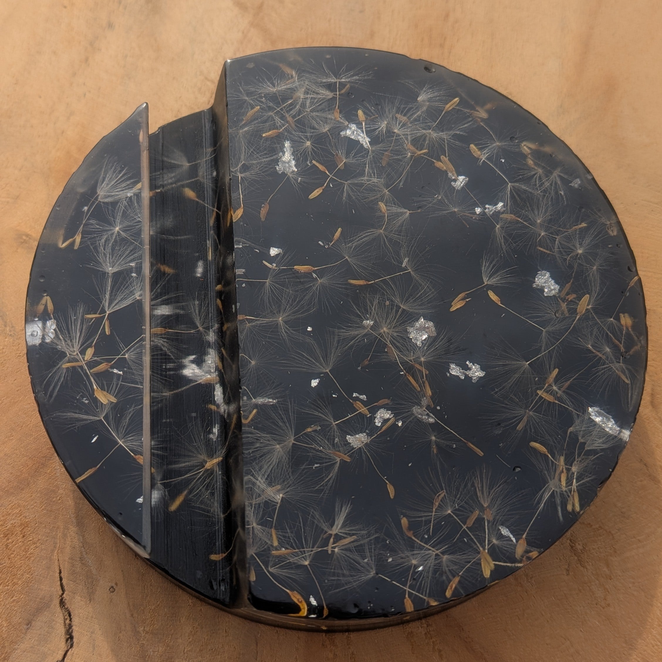 Close-up of black resin phone stand with real dandelion and silver flakes – cottagecore gift idea – EL-CreationS