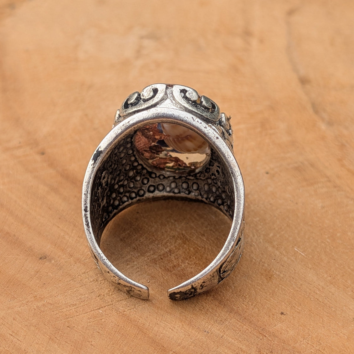 Handmade unisex resin ring sodalite shells copper flakes antique silver band on white fabric – EL-Creations