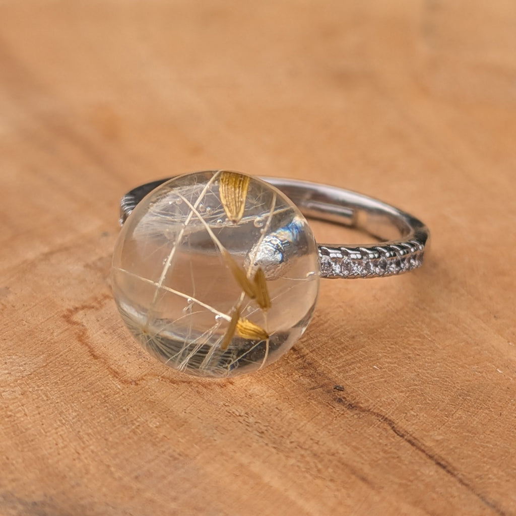 Dandelion resin ring top view – real preserved dandelion in crystal clear sphere, adjustable band – EL-CreationS