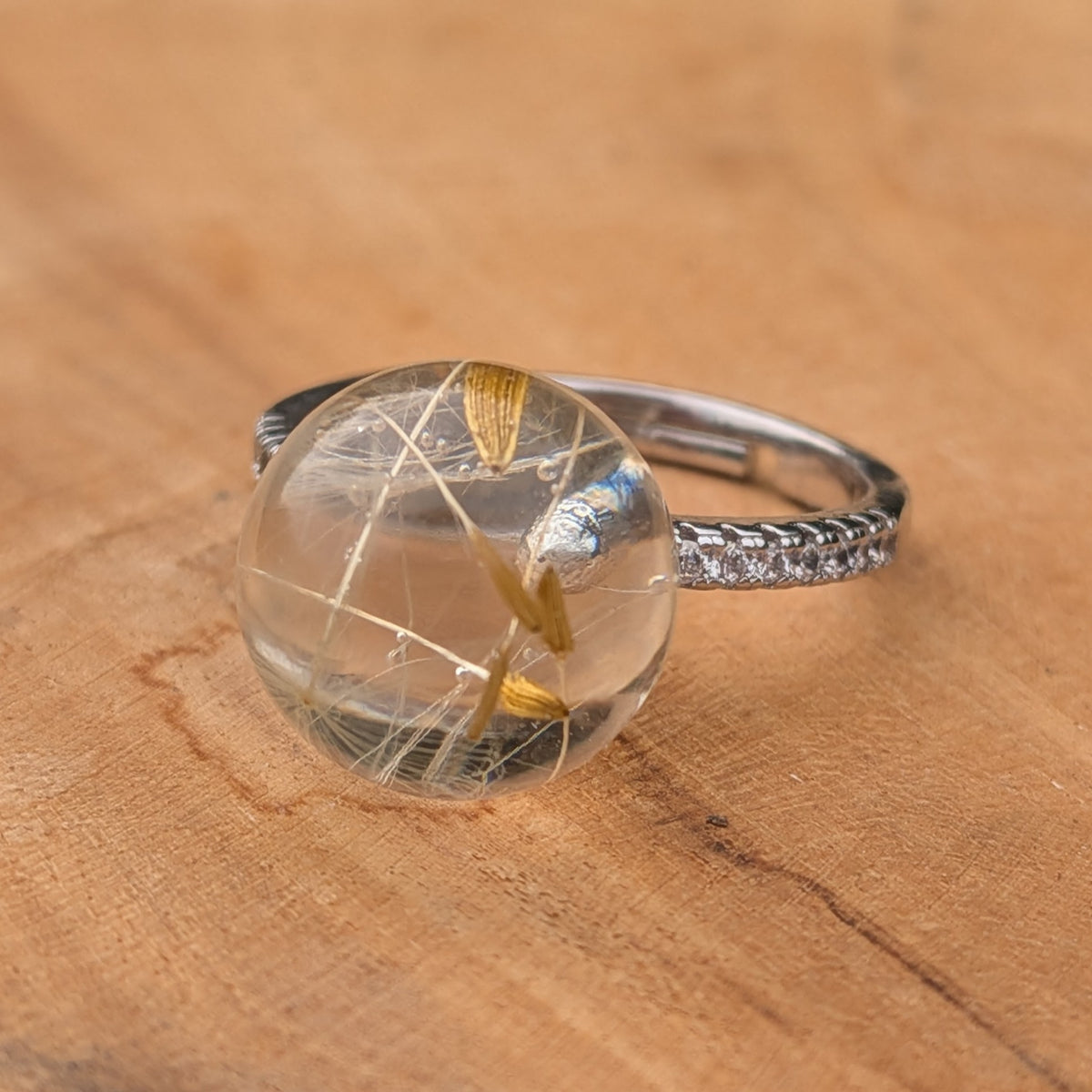 Dandelion resin ring top view – real preserved dandelion in crystal clear sphere, adjustable band – EL-CreationS